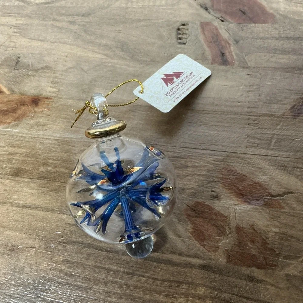 Egyptian Museum Hand Blown Glass Ornament Blue Flower 24K Gold Trim NWT